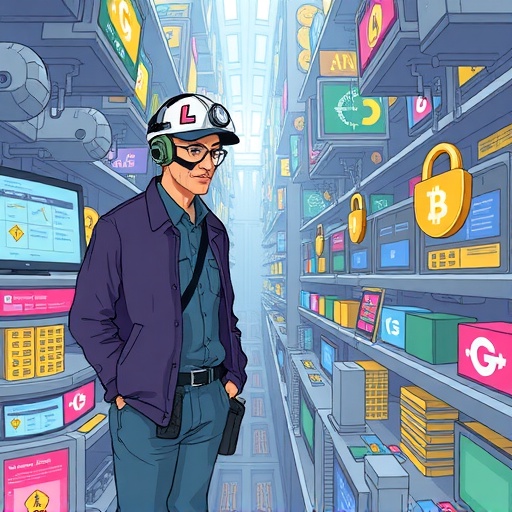 警惕的台灣區塊鏈工程師在充滿真假機會的數位市場迷宮中冷靜前行的插圖，強調警覺與安全區分合法與詐騙職缺