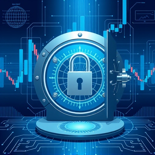 JLP 運作原理金融圖表轉化安全金庫示意圖，強調智能合約與資產籃子風險管理