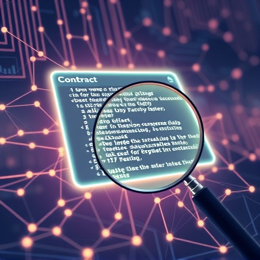 區塊鏈上發光數位智能合約插圖，細膩程式碼線條與放大鏡檢查安全漏洞，柔和色調呈現智能合約的安全性