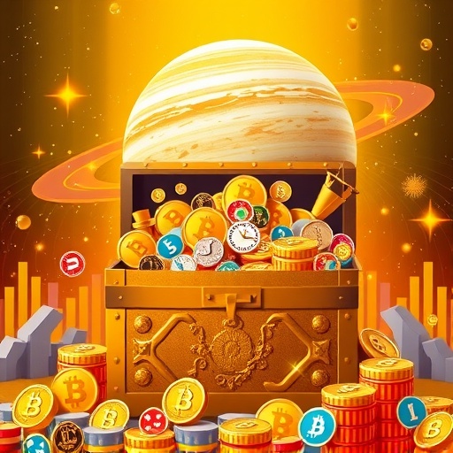 JLP 高收益金色寶箱溢出加密資產示意圖，象徵 Jupiter 平台真實收益與財富累積
