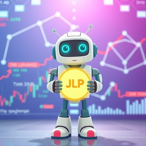 JLP 流動性代幣可愛機器人持有示意圖，展示 Jupiter 永續合約交易所的流動性池機制