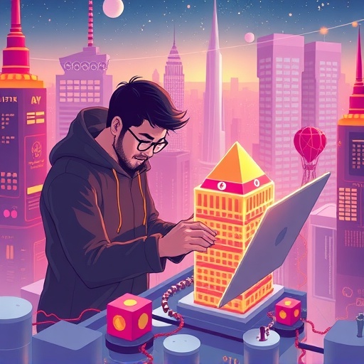 一位熟練的台灣區塊鏈工程師在充滿發光數據流和去中心化網路節點的未來城市景觀中，精心打造數位結構的樂觀科技插圖