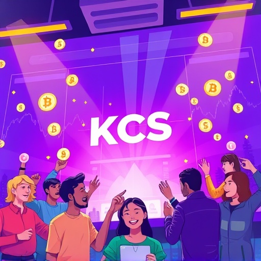KuCoin 交易所介面與 KCS 代幣的生動插圖，展示加密貨幣交易活力與用戶互動