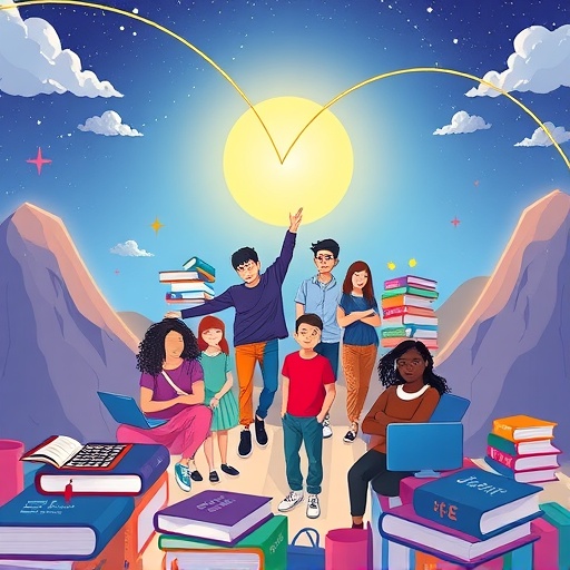 一群多元台灣求學者展開區塊鏈工程師學習之旅，周圍散落數位書籍與程式碼片段，由明亮數位太陽照耀的自學路徑插圖