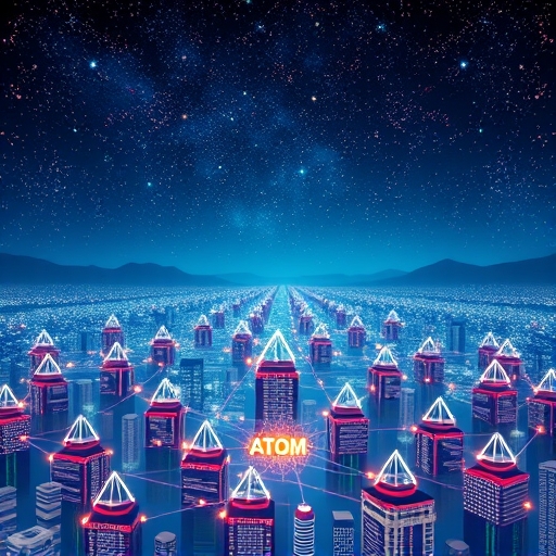 Cosmos ATOM 區塊鏈互聯網中心樞紐的細膩插圖，描繪互聯發光區塊鏈網絡形成充滿活力的數位城市，象徵無縫互通的未來