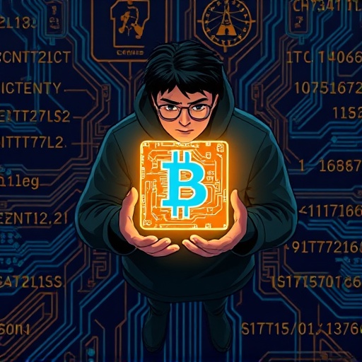 俯視創作者手持發光數位資產的數位插圖，象徵知識產權在區塊鏈平台上的鏈上授權，周圍環繞智能合約代碼與數據流