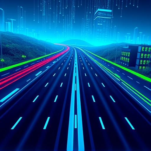 Kaspa BlockDAG 技術的數位高速公路插圖，展示並行區塊處理與高速交易確認