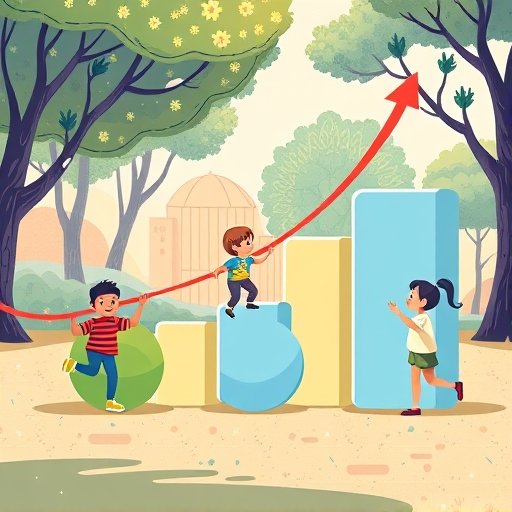 可愛孩童玩耍大型抽象形狀代表SEO內容缺口與領先機會的生動插圖，適合台灣讀者