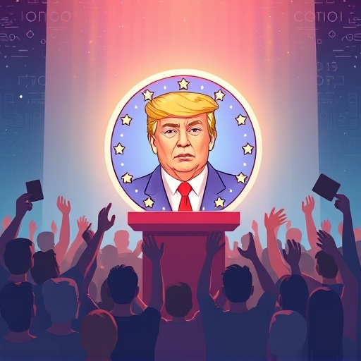 民眾圍繞 Trump TRUMP 加密貨幣歡呼的 PolitiFi 社群熱潮插圖