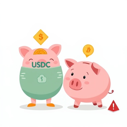 台灣投資者使用 USDC 穩定幣的安全豬錢缸比喻圖，警示風險