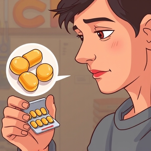 消費者仔細檢查益生菌膠囊包裝上菌株編號的放大圖，背景展示健康腸道示意圖