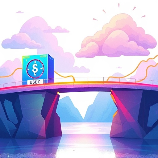 USDC 穩定幣與美元安全儲備連結的數位橋樑圖示，強調透明合規優勢