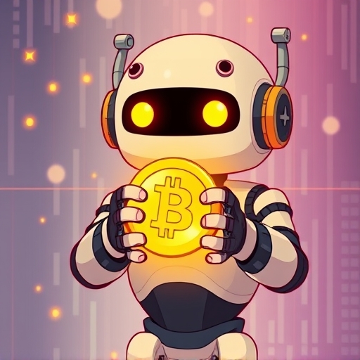 友善機器人握持發光關鍵字進行語意分析與SEO策略規劃的風格化插圖