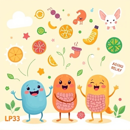 LP33與LGG等益生菌菌株化身可愛角色，互動展示緩解過敏與促進腸道健康的趣味圖像