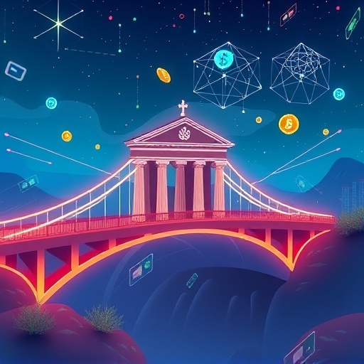 發光數位線條橋樑連接傳統銀行與去中心化金融，浮動 RWA 實體資產代幣的圖像，象徵傳統金融與加密世界連結