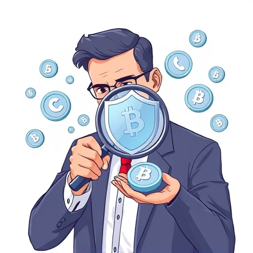 謹慎投資者用放大鏡檢查 RWA 實體資產數位代幣的安全插圖，強調投資風險評估與保護