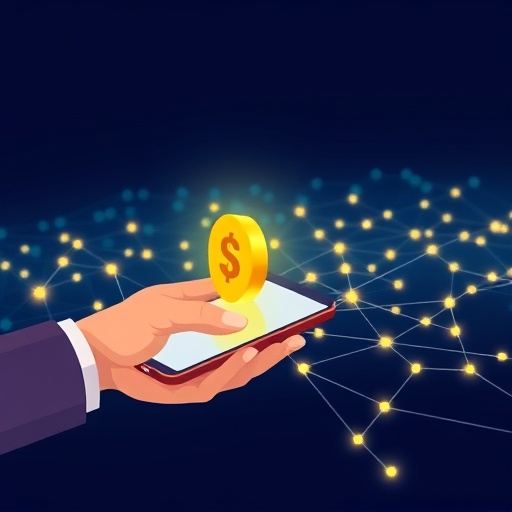 可愛扁平設計圖示顯示使用者透過手機順暢轉移金條圖標於發光網絡，代表 Tether Gold XAUt 的便捷交易體驗