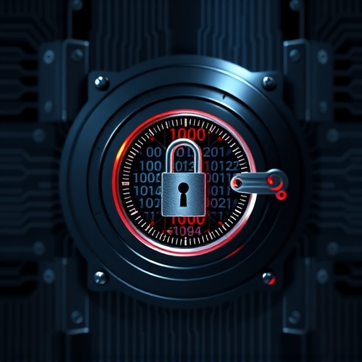 數位金庫由複雜程式碼圖案保護，細膩金屬質感與光影對比，強調 Aptos Move 語言的高安全性與智能合約防護機制