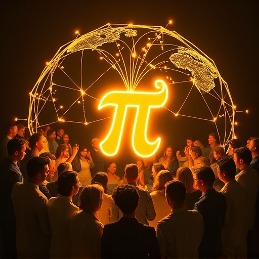 全球多元族群圍繞發光 Pi 符號，代表 Pi Network 強大社群與連結力量