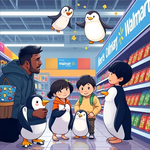 一家人在 Walmart 購買 Pudgy Penguins 玩具，NFC 晶片發光連結數位世界，彰顯 $PENGU 實體零售優勢
