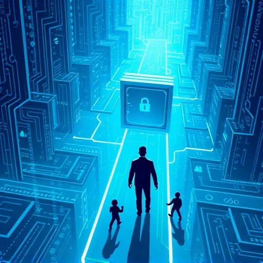 小心穿越數位迷宮通往安全金庫的人被陰影阻擋的插圖，代表台灣如何辨識虛擬貨幣詐騙紅旗標誌