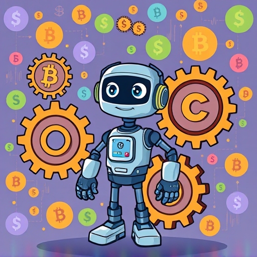 幣安合約網格交易自動化策略圖示，齒輪連結槓桿與數位貨幣波動