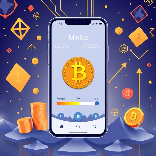 手機挖礦介面顯示成長中的 Pi 幣與進度條，背景融入區塊鏈元素