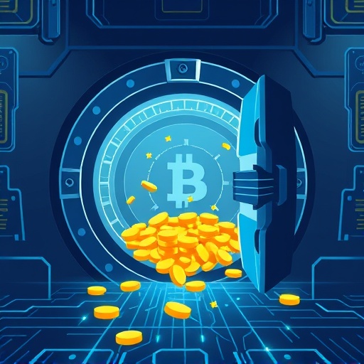 瑞士金庫開啟流出數位黃金進入區塊鏈網絡的風格化圖示，展示 Tether Gold XAUt 的實體儲備機制