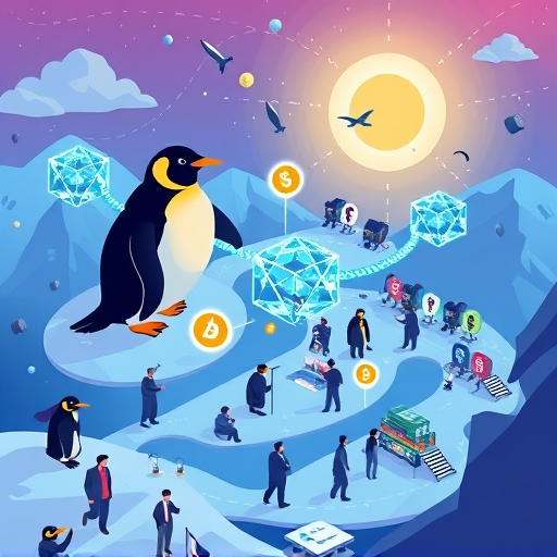Pudgy Penguins 生態系風格圖，Solana 連結 Ethereum 與 Abstract Layer 2，社區參與治理與虛擬活動的 $PENGU 未來展望