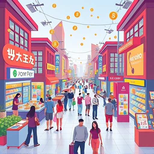 Algorand 區塊鏈數位市場熱鬧示意圖，展示用戶互動與代幣流暢流通