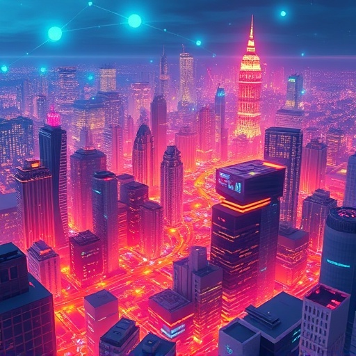 一幅充滿活力的插圖，描繪未來城市景觀由互聯發光的區塊鏈節點建構，代表 Internet Computer ICP 概念伴隨著柔和環境照明