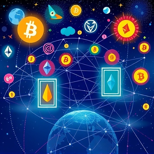 一幅奇幻插圖展示比特幣和以太坊等多元數位資產透過發光未來入口橋接到 Internet Computer ICP 網路，形成生動交織數位生態