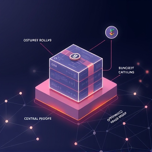 交易數據打包抽象圖，安全封裝並送至中央公證人驗證，象徵樂觀 Rollup 與欺詐證明