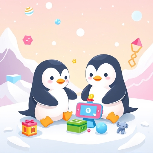 可愛卡通企鵝在 Pudgy Penguins 數位世界中與實體玩具和區塊鏈介面互動，展現 $PENGU 生態系的虛實融合魅力