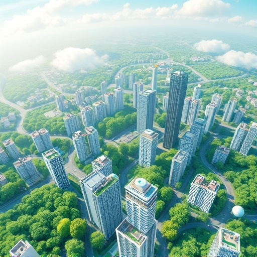 Algorand 綠色節能城市空中視角示意圖，象徵環保區塊鏈框架