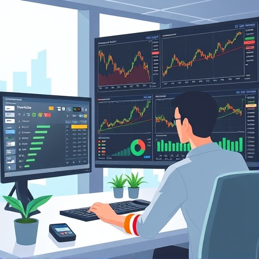 使用者與複雜交易終端互動的動畫場景，顯示圖表與獲利收益耕作機會，象徵Aster交易即收益模式