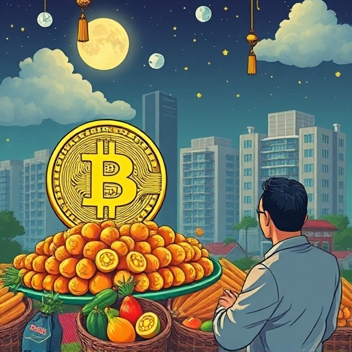 台灣投資者思辨比特幣的插圖，金色比特幣如盾牌抗通膨，對比農產品與公寓代表實體生產資產