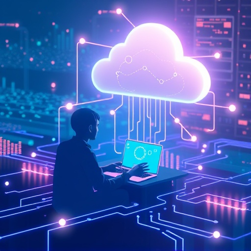 一幅插圖描繪用戶無縫互動 Internet Computer ICP 平台上的去中心化應用，裝置發光並以虛幻線條連接至去中心化雲端