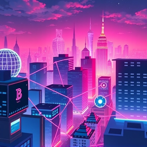 未來城市景觀中閃耀的區塊鏈網路連接建築物，抽象插圖風格，充滿活力霓虹色彩與流線型幾何形狀，象徵 Aptos 公鏈的去中心化連接與高性能 Web3 基礎設施