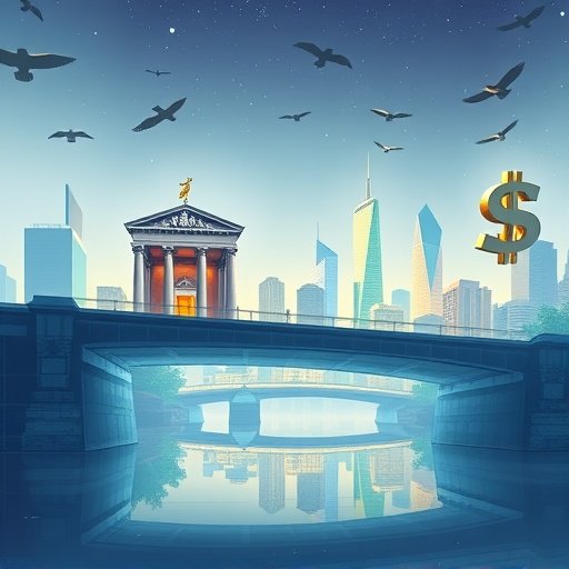 PayPal USD PYUSD 穩定幣連結傳統金融與區塊鏈的橋樑圖示，象徵無縫轉換支付革命