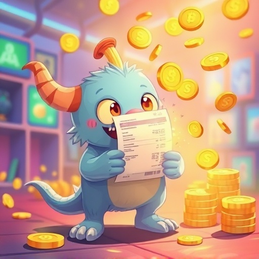 可愛發票怪獸角色手持數位發票轉化成閃耀怪獸幣的 NFT 插圖