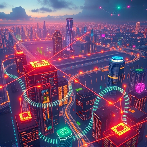 去中心化 GPU 算力網路連接創作者與提供者的數位城市圖示