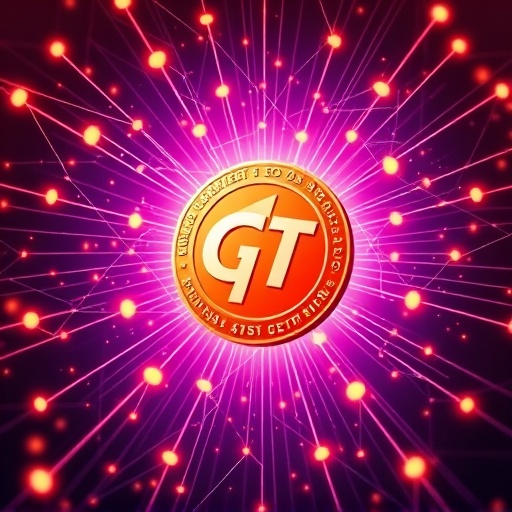 GateToken GT 數位貨幣圖示，環繞發光並連結區塊鏈網絡線條，象徵 GateChain 生態系統的活力與潛力