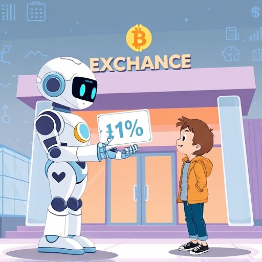 MAX推薦碼優惠示意圖，友好機器人遞交發光折扣券給好奇的台灣加密貨幣新手