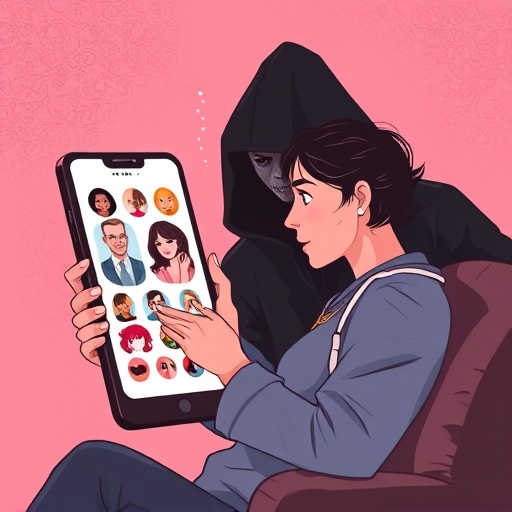 交友軟體殺豬盤 USDT 詐騙圖示，孤單使用者滑動畫面後有陰影詐騙者