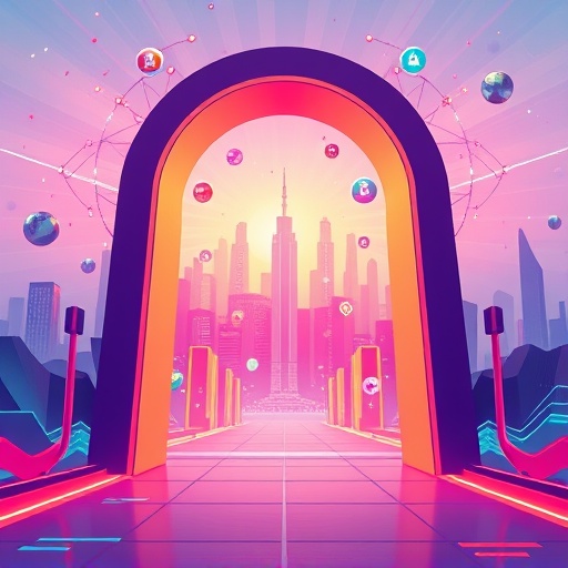 GateToken GT 生態象徵圖，大門開啟揭露未來城市景觀與浮動數位資產，代表 GateChain 公鏈的廣闊發展潛力