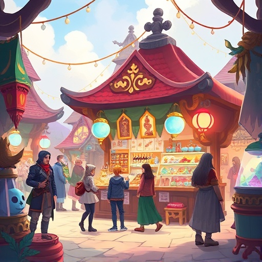 楓之谷M 熱鬧幻想市場插圖，玩家圍繞NPC攤位互動販售魔法物品