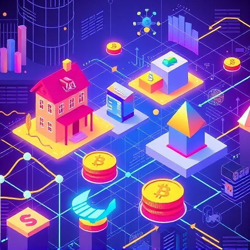 區塊鏈技術連接實體資產如房地產和美債到數位代幣的未來感插圖，展示 RWA 實體資產代幣化概念