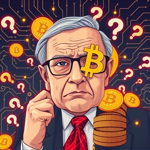 巴菲特懷疑比特幣的插圖，展示比特幣周圍疑問符號與數位電路，象徵價值投資對加密貨幣的質疑