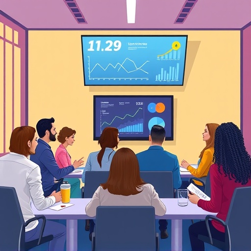 呢喃貓投資社群成員在會議室討論加密貨幣圖表與市場趨勢的插圖